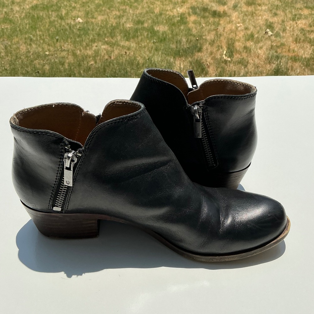 Lucky Brand Burklee Black Leather Ankle Boots Dual Zip Stacked Heel 8.5M - Picture 6 of 8